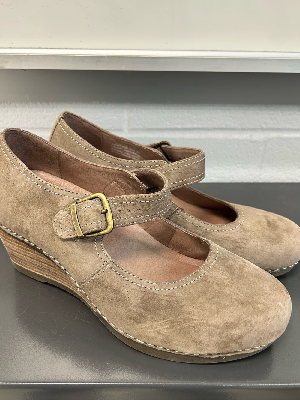 Dansko Sandra  Beige Suede Mary Jane Wedge Shoes 41